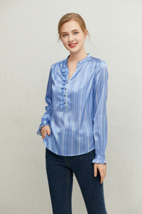 Tessuto in Raso Duchesse Elasticizzato <span class=keywords><strong>a</strong></span> <span class=keywords><strong>Righe</strong></span> Blu <span class=keywords><strong>e</strong></span> Bianche per <span class=keywords><strong>Camicia</strong></span> da <span class=keywords><strong>Donna</strong></span> in Seta - Product Image 6