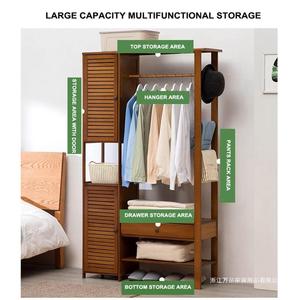 Bamboo Portable <b>Wardrobe</b> Heavy Duty <b>Hanging</b> Clothes Rack With Drawer And Shelves For Bedroom Storage - Product Image 4