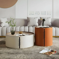 Ensemble de table basse ronde en bois contreplaqué de style nordique moderne avec cadre en bois et cuir de selle, couleur personnalisée, pour salon
