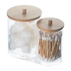 带竹盖的Qtip支架分配器双透明塑料药剂师罐容器，用于梳妆台化妆组织器存储