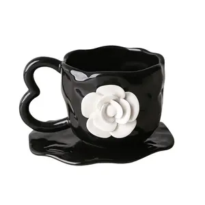 Lelyi Handheld Flower Ceramic Coffee Cup Plate Flower Retro Mug