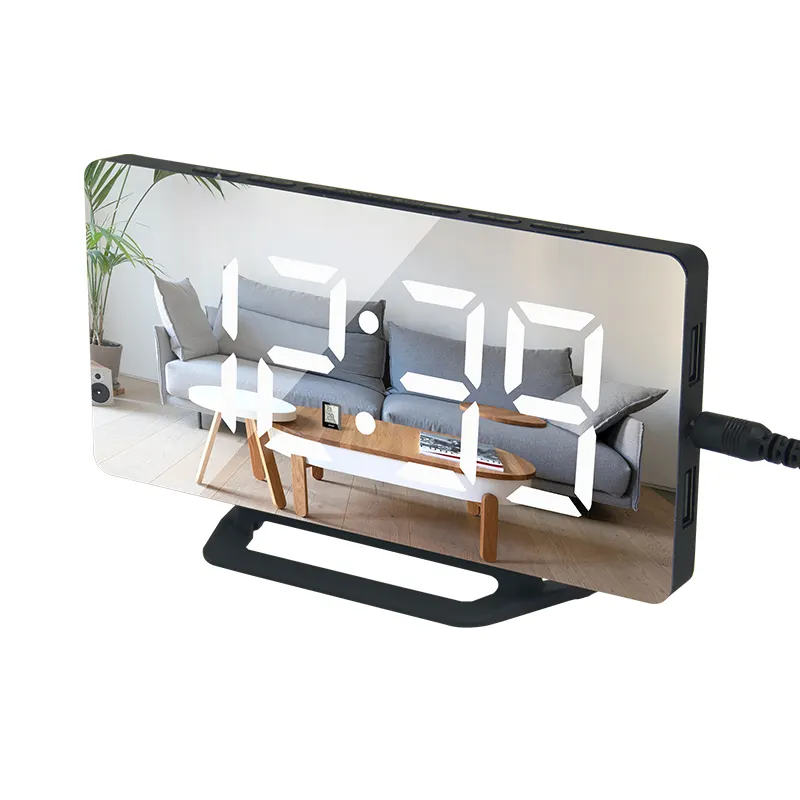 Electronic dual USB charging port clock brightness adjustable digital mirror table alarm snooze mirror clock