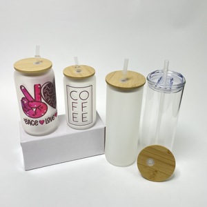 RTS 12oz 16oz 25oz blank sublimation shot glass clear frosted mason can bottle with plastic straw and bamboo lid