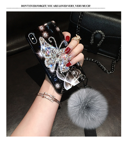 Ốp điện thoại <span class=keywords><strong>iPhone</strong></span> 11 11Pro Max sang trọng, đính đá lấp lánh, hình con bướm nhiều màu, kèm quả cầu lông - Product Image 6