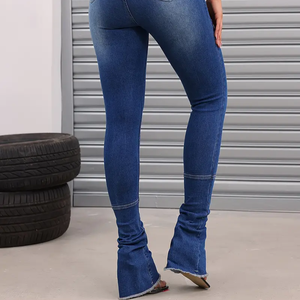 Jeans en denim stretch chic pour femmes, taille haute, froncés, empilés, jeans évasés pour femmes - Product Image 5
