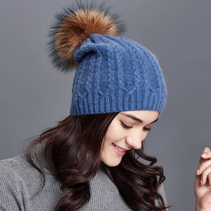 Chapeaux d'hiver tricotés pour femmes <span class=keywords><strong>Bonnet</strong></span> en tricot mélangé de laine de cachemire Chapeaux à <span class=keywords><strong>pompon</strong></span> en fourrure d'hiver Chapeaux Bobble personnalisés - Product Image 5