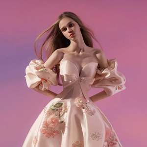 French Style Strapless Wedding Dress Pink Satin Floral Ball Gown Off The Shoulder Train - Product Image 5