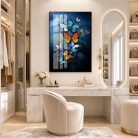 Peinture murale 3D en MDF avec papillons colorés modernes en cristal, cadre noir en verre trempé de luxe, salon, hôtels et restaurants
