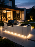 Cuisine extérieure pour camping et restaurant, barbecue au gaz naturel 5 brûleurs, plaque de cuisson 2 brûleurs, évier, plan de travail en acier inoxydable - Étanche