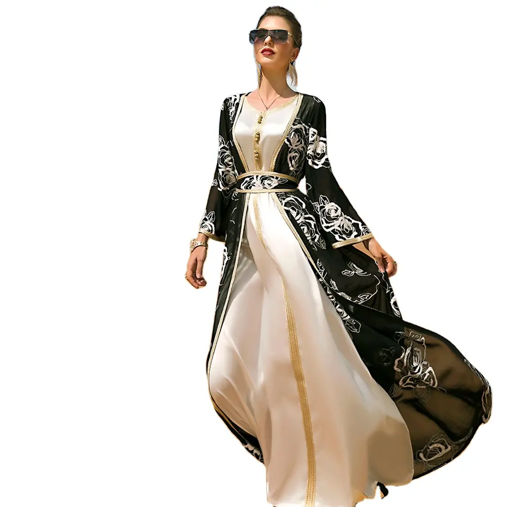 अरब भारी उद्योग काले और सफेद फूल कढ़ाई दो-टुकड़ा महिलाओं लंबी पोशाक के साथ बेल्ट जातीय पोशाक