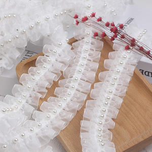 Nastro in <span class=keywords><strong>Tulle</strong></span> Francese con Perline e Pieghe, 4cm, Disponibile in Magazzino, per Abbigliamento, Scarpe e Cappelli - Product Image 1