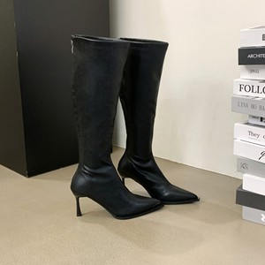 厂家定制冬靴女软皮尖头细高跟鞋拉链长及膝高筒靴 - Product Image 5