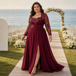 Abito da sera formale in chiffon taglie forti <span class=keywords><strong>con</strong></span> scollo a cuore, maniche lunghe in pizzo effetto illusione, applicazioni floreali in pizzo, vita arricciata e <span class=keywords><strong>spacco</strong></span> frontale - Product Image 4