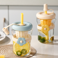 Mignon Verre à Eau et Boissons en Verre de 500 ml avec Motif Floral de Dessin Animé, Tasse à Café et Bière avec Couvercle et Paille