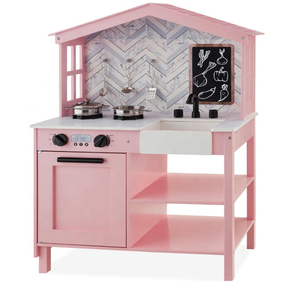 Farmhouse Play Kitchen Toy Pink Wooden Pretend Kitchen play Set para niños y niñas - Product Image 1