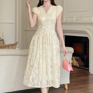 ZYHT 21775 New Season Women's Elegant Apricot Lace <strong>Midi</strong> <strong>Dress</strong> with Flattering V Neck Puff Sleeves for Daily Wear - Product Image 1
