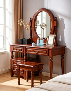 Traditional Solid Wood Dressing <b>Table</b> Set With <b>Mirror</b> And Stool 2 Drawers Mahogany Bedroom Makeup <b>Vanity</b> Desk - Product Image 3