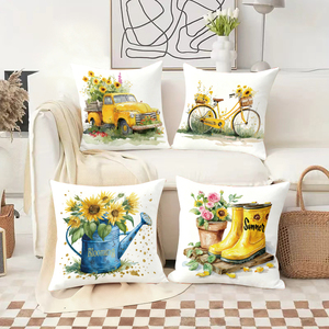 Sunflower themed throw pillows featuring vintage truck bike boots and watering can for cozy summer decor - Product Image 2