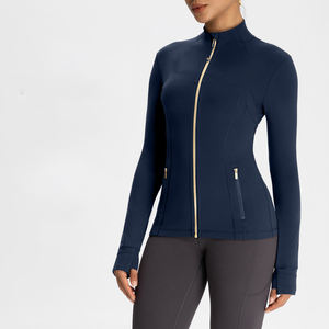 Jaket Yoga ritsleting emas wanita, jaket olahraga Fitness Gym bernapas cepat kering ritsleting emas spandeks kerah berdiri pas badan - Product Image 2