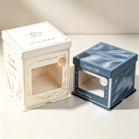 Boîte à gâteau portable en carton avec fenêtre transparente en PVC, motif floral bleu acier, logo personnalisé, poignée en carton avec pelliculage mat