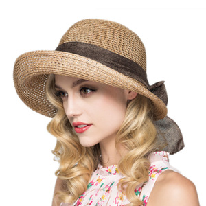 Chapeau de soleil en paille violet avec nœud, large bord respirant, chapeau d'été pour femme - Product Image 4