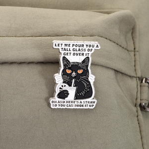 Spille in smalto a forma di gatto nero, divertenti e umoristiche, con scritta 'Let Me Pour You a Tall Glass of Get Over IT', all'ingrosso - Product Image 3