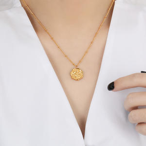18K Gold Plated Stainless Steel Vintage Charm Pendant <strong>Necklace</strong> Engraved Cherry Blossom <strong>Coin</strong> <strong>Necklace</strong> Women Jewelry - Product Image 3