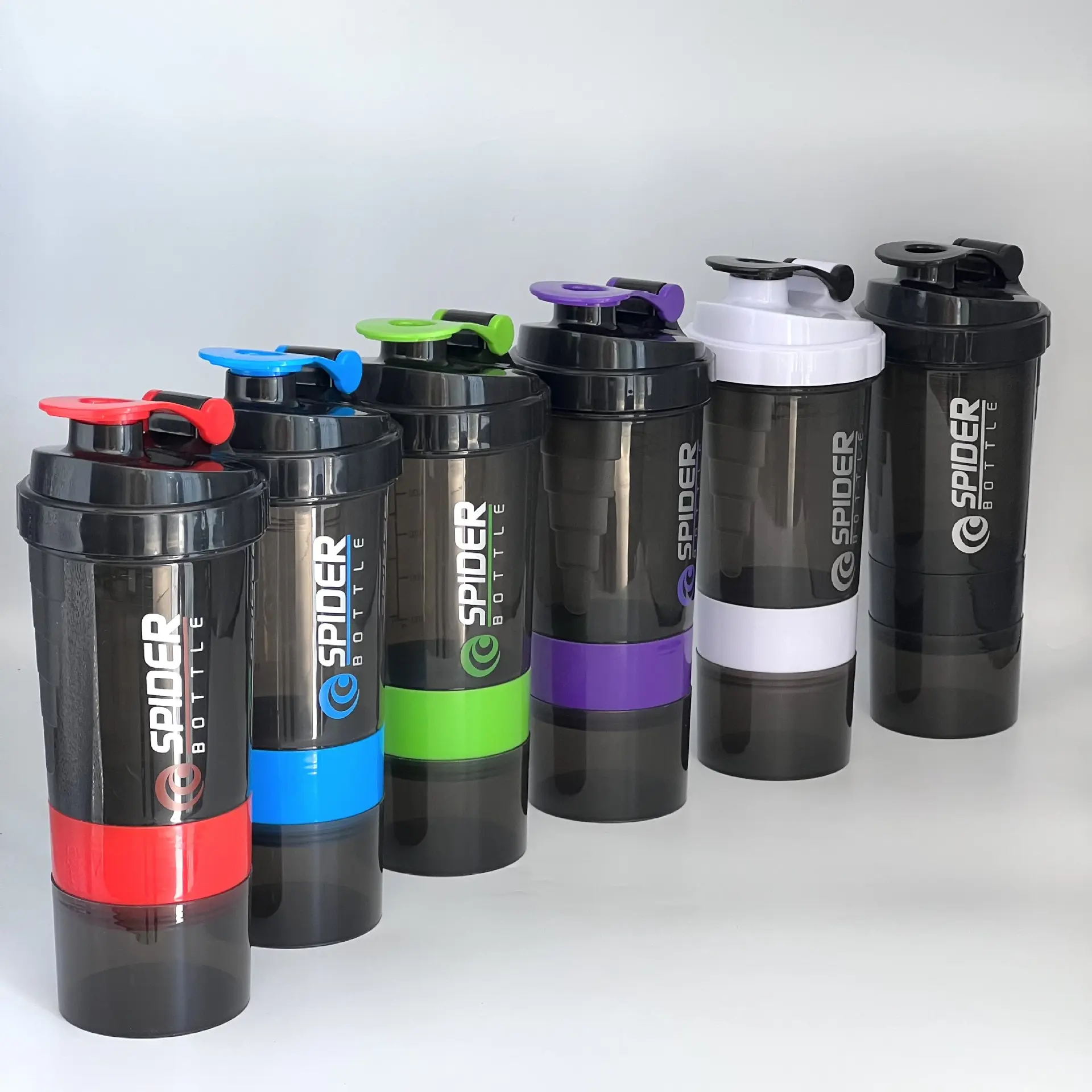 Großhandel Shaker Protein Pulver Fitness-Studio Mixer Tasse Kunststoff Wasser flasche Mit Pulver patrone mit Pillen dose drei Schichten