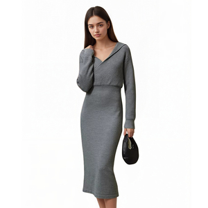 Produttori di Abbigliamento OEM ODM, Abito Casual da Donna, Aderente, Lavorato a Maglia, Scollo a V, Manica Lunga, in Nylon/Cotone, Lunghezza Midi, Stile Minimalista - Product Image 5