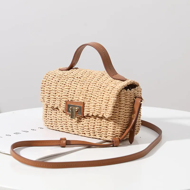 Bolsa de palha tecido, bolsa casual vintage de palha cor natural para verão, bolsa de mão feminina