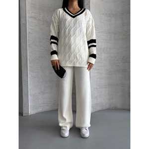 Embellished Braided Knit Set 1564 Casual Print Pattern Hooded Woolen <b>Jacket</b> and Pants with Loose Fit for <b>Summer</b> Winter Seasons - Product Image 1