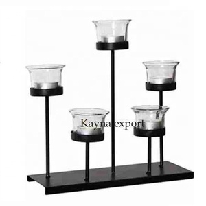 Bougeoir pilier moderne bougeoir en métal fini enduit de poudre noire avec votive en verre à des prix abordables - Product Image 1