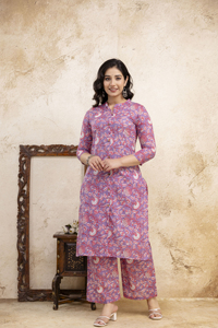 ชุดคุर्ตาผ้าลาเวนเดอร์สำหรับผู้หญิงสุดอินเทรนด์ พร้อมกางเกงปาลาซโซ่ คอตั้ง ติดกระดุมปลอมด้านหน้า เนื้อผ้านุ่ม สไตล์ชาติพันธุ์ ชุดเซ็ต 2 ชิ้น - Product Image 4