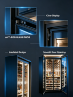 Cave à vin de luxe à double porte vitrée, température constante, compresseur, étagères en bois massif et acier, pour bar à domicile et présentation commerciale