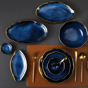 Nórdico azul oscuro plato Mesa ajuste gran oferta porcelana fina cena platos juegos de vajilla