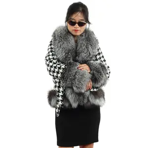 fashion black white plaid warm tweed wool coat with winter women silver fox fur collar cuffs belted fur jacket