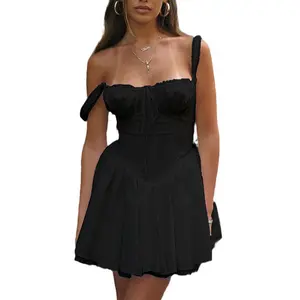 Mini saia sem mangas com logotipo personalizado, vestido curto de renda para mulheres, vestidos casuais sexy