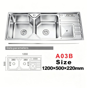 <span class=keywords><strong>Lavello</strong></span> da Cucina Quadrato in Acciaio Inox A03B, Design Moderno a Due Fori, <span class=keywords><strong>Dimensioni</strong></span> 1200*500mm, Vendita all'Ingrosso - Product Image 1