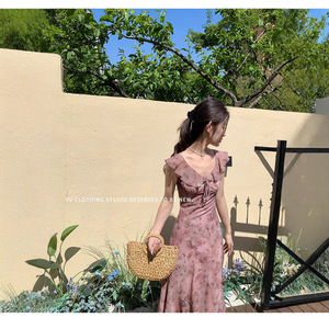 Yufei Long Butterfly Print Ruffle Dress For Women Slim Fit Summer Elegant Daily Wear - Product Image 5