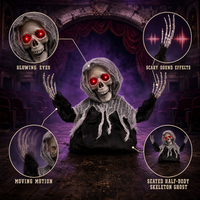 Squelette fantôme assis dynamique pour Halloween SIPKLR de 1 m avec yeux rouges lumineux et effets sonores effrayants