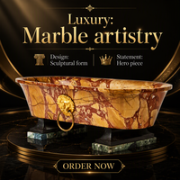 Baignoire autoportante ovale en marbre jaune ocre avec piédestal en forme de tête de lion dorée, luxe pour hôtel et jardin