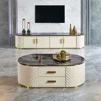 Table basse et meuble TV de style italien, luxe léger, avec plateau en marbre, rangement, design moderne minimaliste, structure en métal