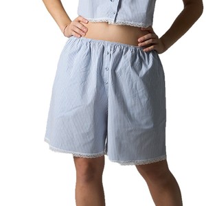 Pantalones Cortos Casuales de Algodón Estilo Americano con Ribete de Lazo, Dobladillo con Botones, Estilo de Tres Botones, Rosa, Azul Claro, Rayado, Elástico - Product Image 3