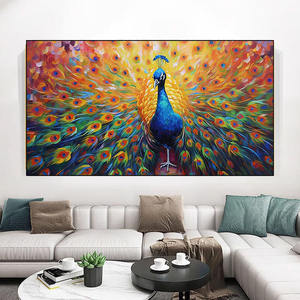 Peint à la main moderne haut sens de sept couleurs huile paon suspendu photo TV fond mur Art décor à la maison peinture - Product Image 2