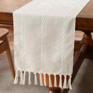 Hot Selling Rustic Linen Farmhouse Style 36 Inches Long Embroidered <strong>Table</strong> <strong>Runner</strong> With Hand-Tassels for Party Wedding