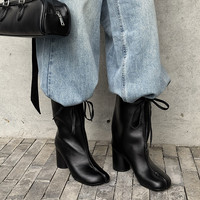 OEM/ODM 2025 nouvelles bottines mi-mollet en cuir de vachette pour femmes 7.5cm talon épais avec nœud de style occidental couleurs unies conception à bout fendu