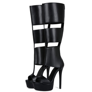 Summer Peep Toe Knee High Boots Women's Back Zipper Sandals Big Size 47 <b>Shoes</b> High Slim Heels Cut Out Long Booties - Product Image 3