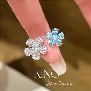 King Silver Jewelry Flower <b>Ring</b> S925 Sterling Silver <b>Crystal</b> Rhinestone Women's Everyday Wear - Product Image 2