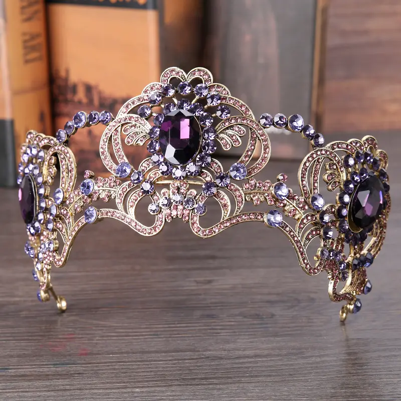 Barok Paars Crystal Bridal Tiara Kroon Hoofddeksel Voor Bruiloft Accessoires