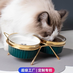 <b>Cat</b> Bowl Set Elevated Dual <b>Feeder</b> For <b>Cats</b> With Food And Water Dish Green Gold Trim - Product Image 5